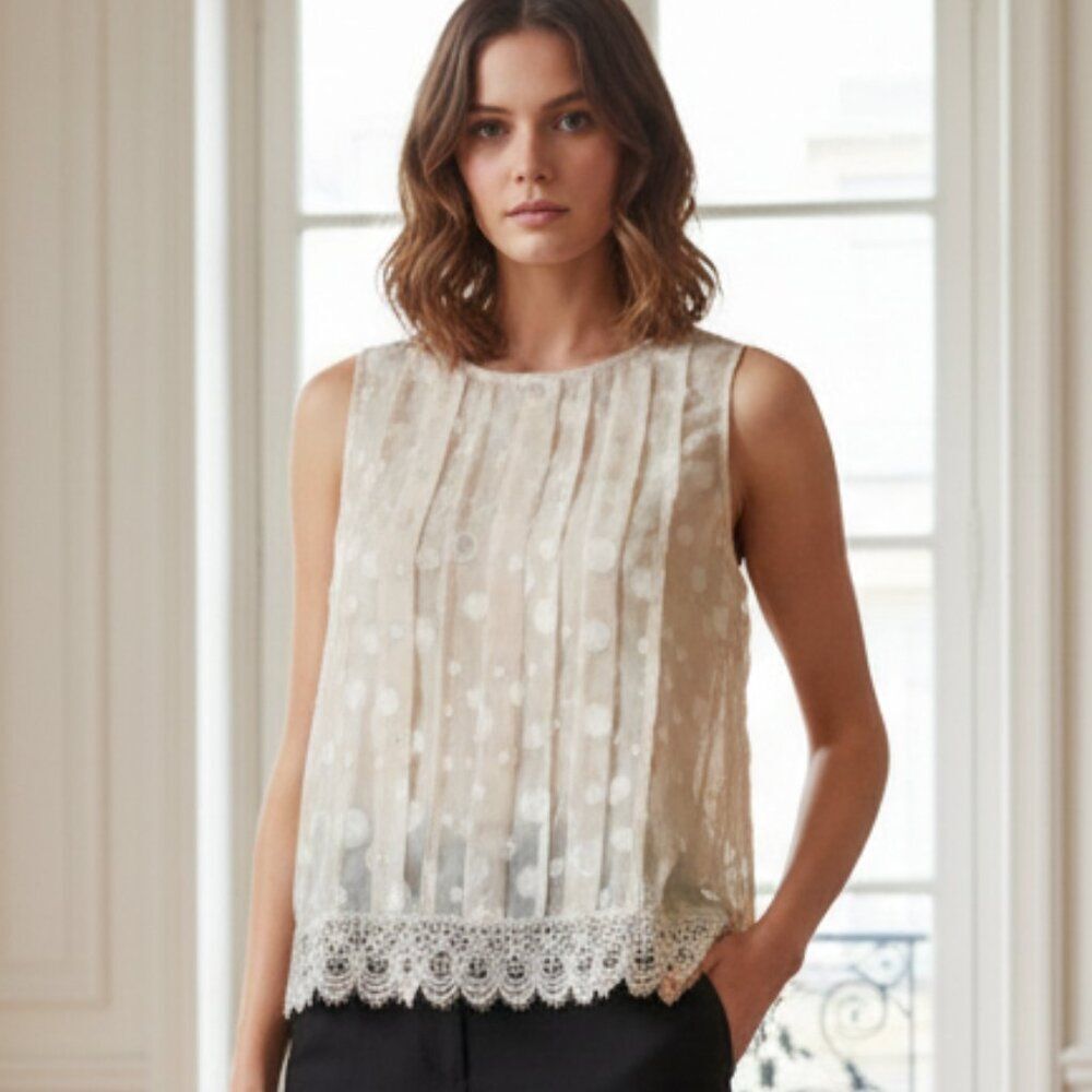 Verty Cream Sleeveless Polka Dot Top w/ Delicate Lace Trim - Size Small